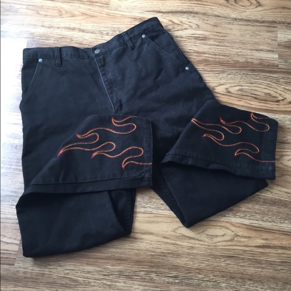 flame embroidered jeans